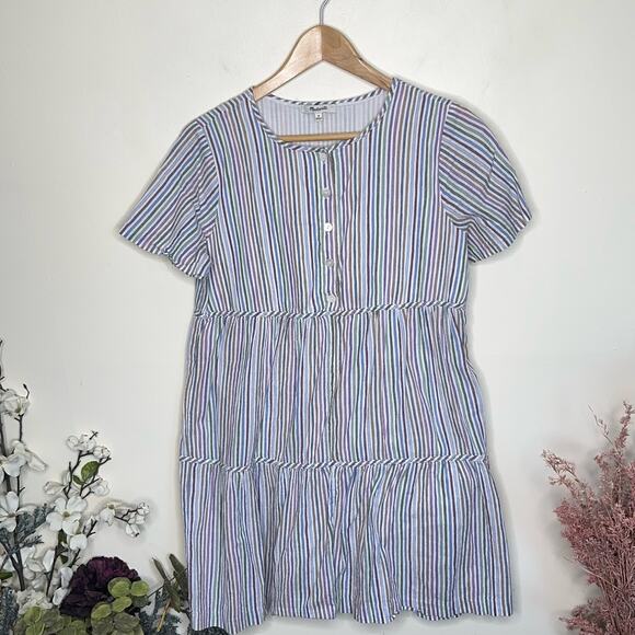 MADEWELL Striped Crewneck Button-Front Tiered Mini Dress {AA21} - Picture 4 of 8